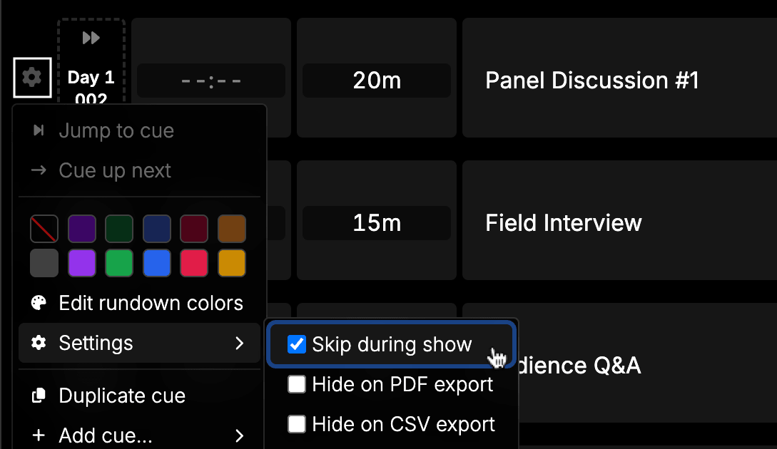 Setting a cue to "Skip during show"