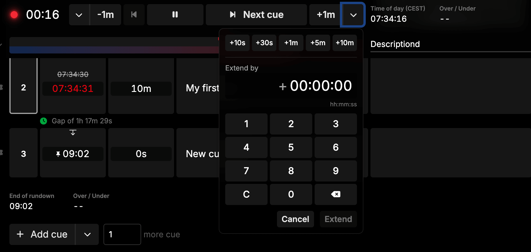 The full cue-adjust calculator with adjustments, numpad and input