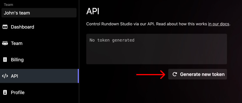 Generating an API token in the dashboard