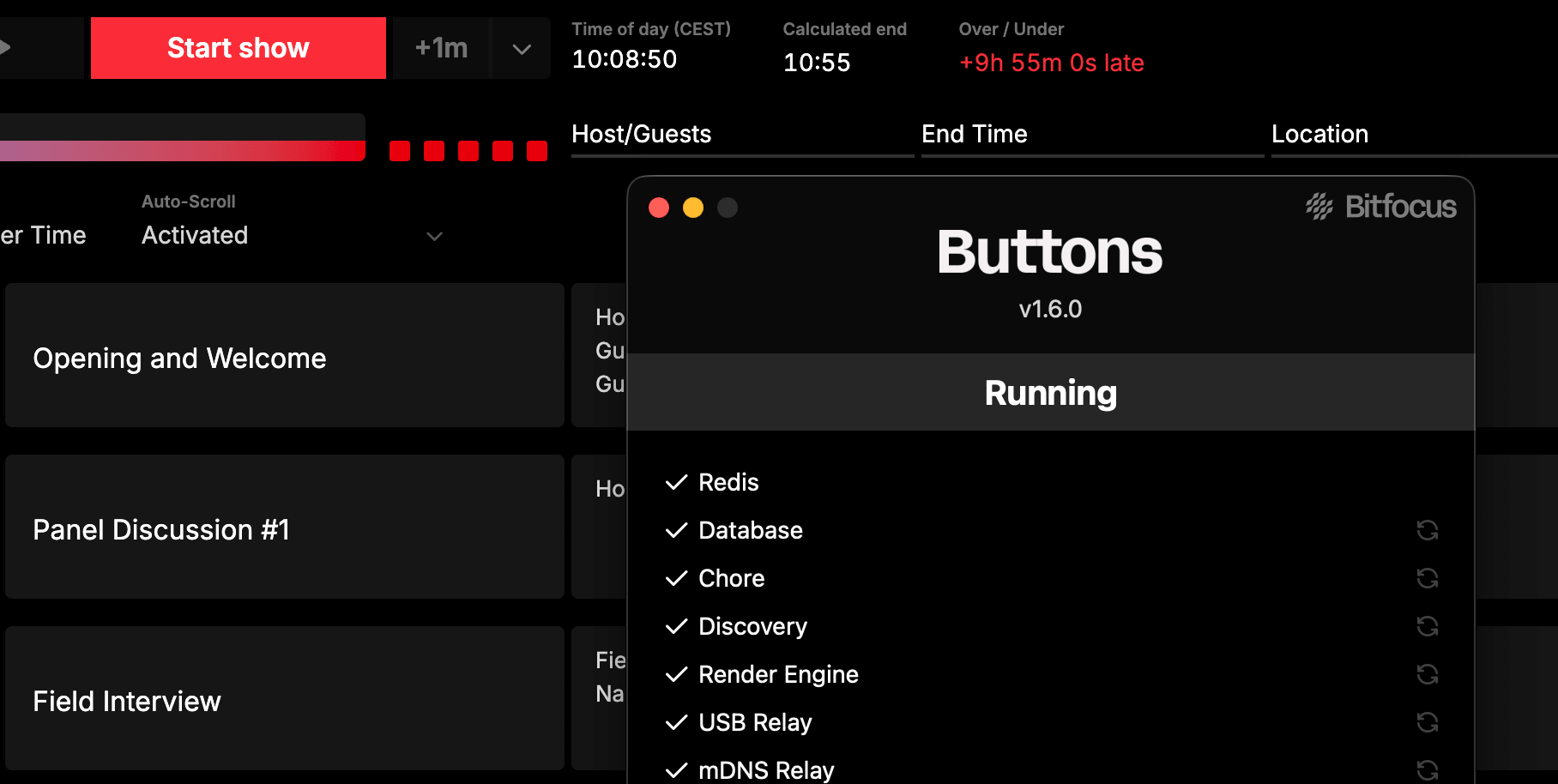 The Bitfocus Buttons app open over a Rundown Studio rundown