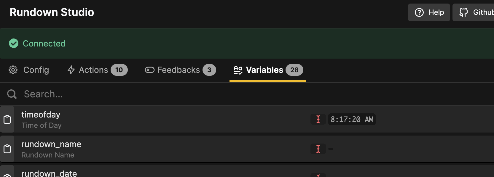 Rundown Studio variables in Buttons