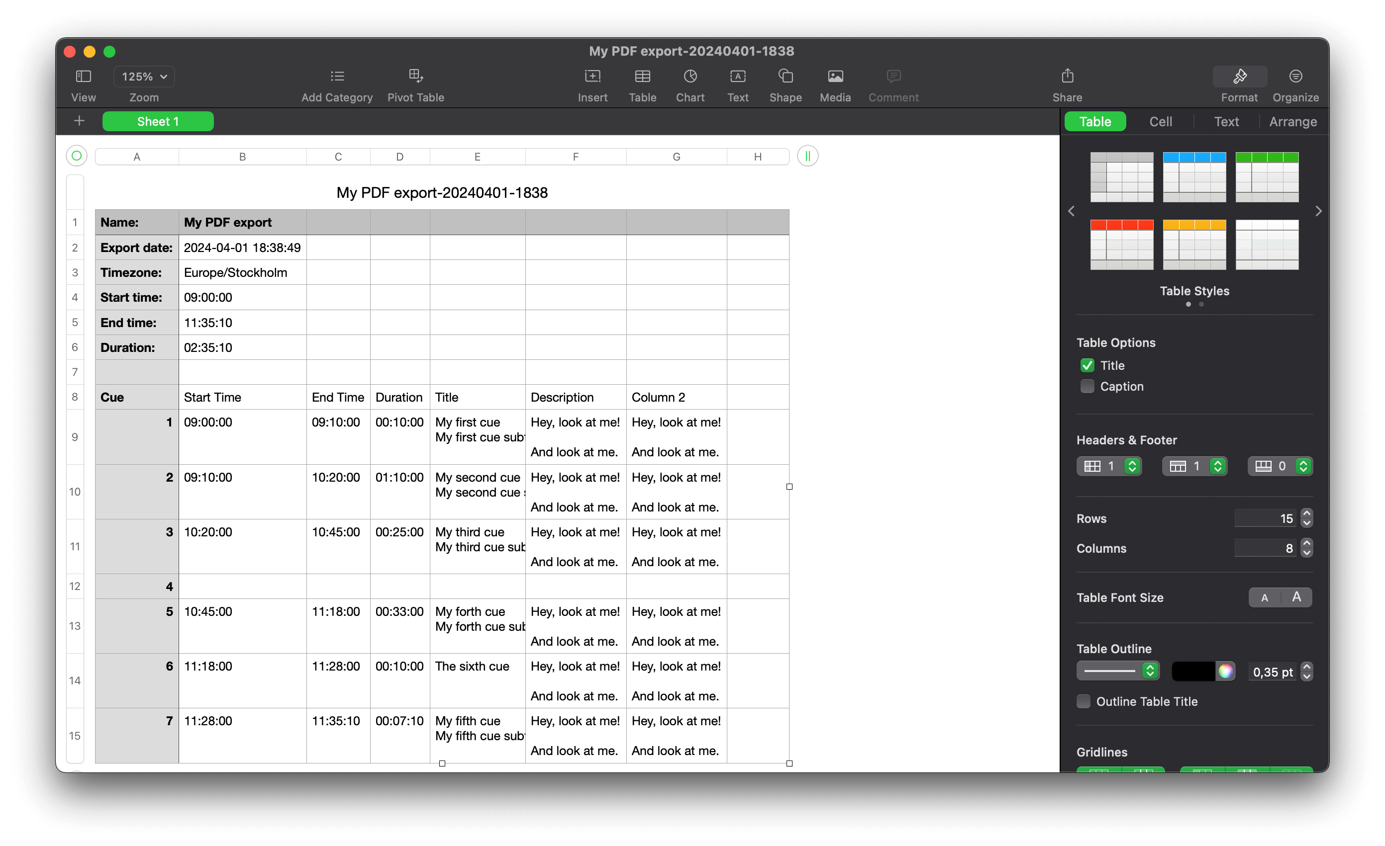 Exported CSV file opened in Apple Numbers