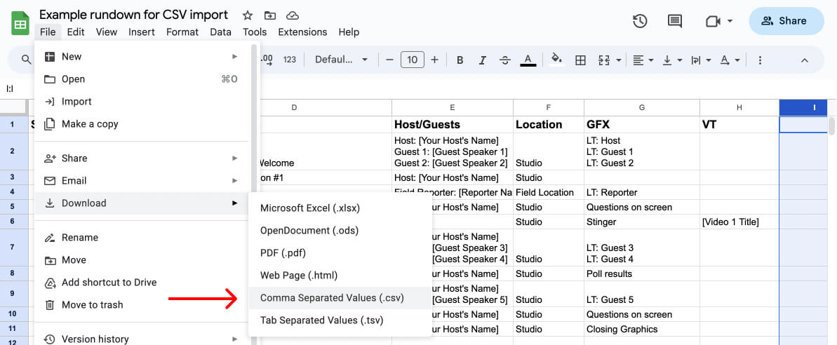 Exporting a rundown from Google Sheets