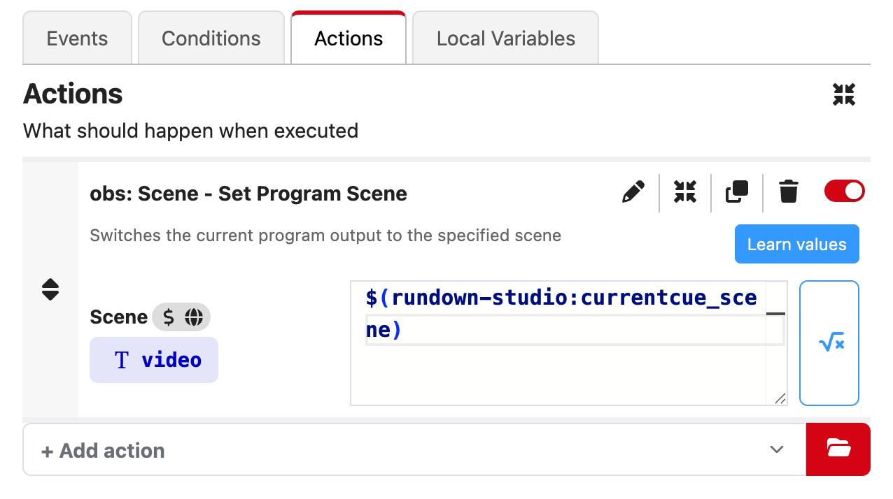 The Set Program Scene action using the rundown variable