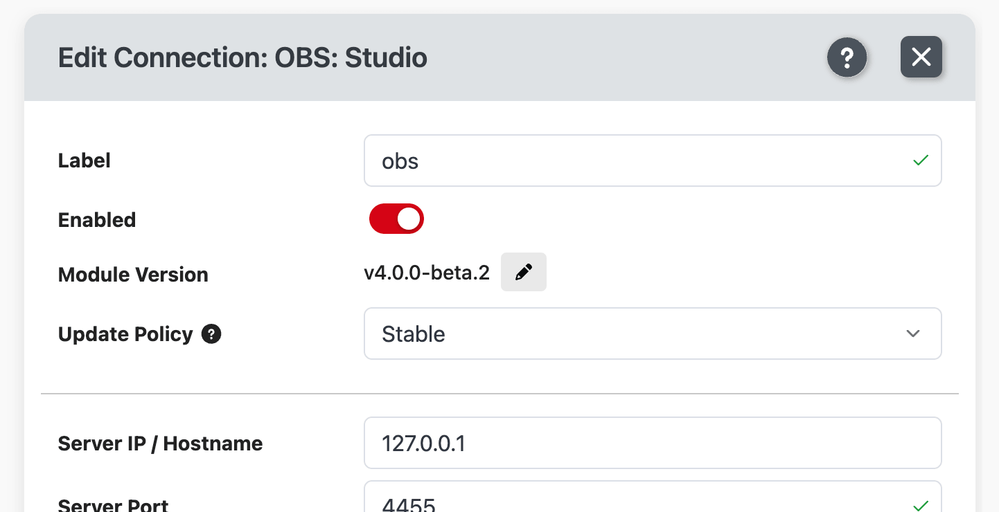 The OBS Studio module configured in Companion
