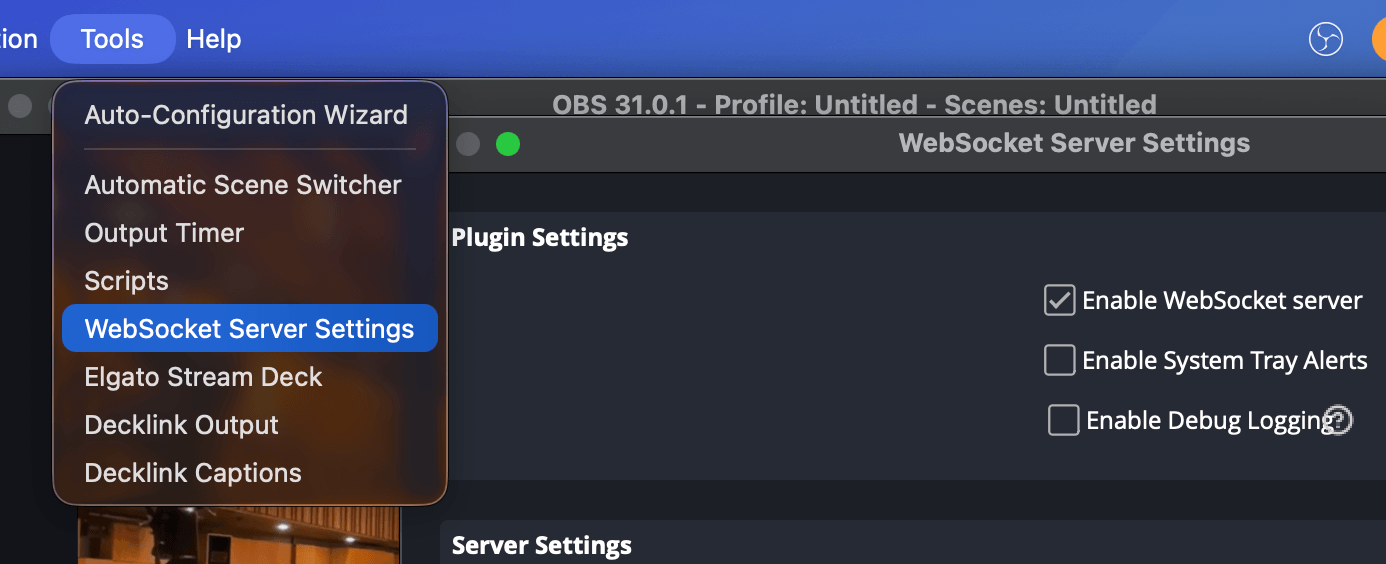 Enabling the WebSocket server in OBS