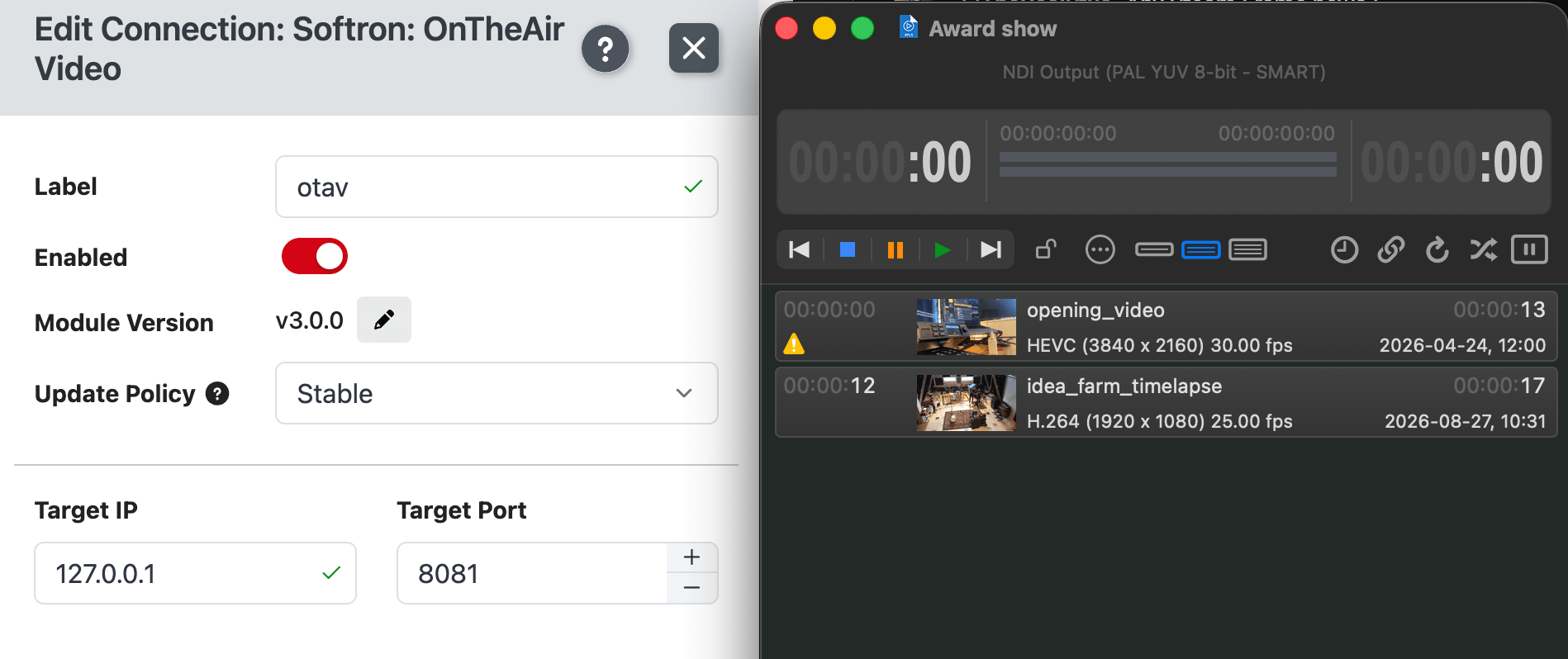 The OnTheAir Video module configured in Companion