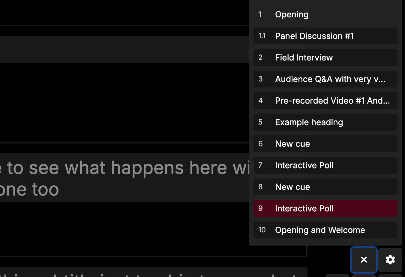 List of cues in the prompter output