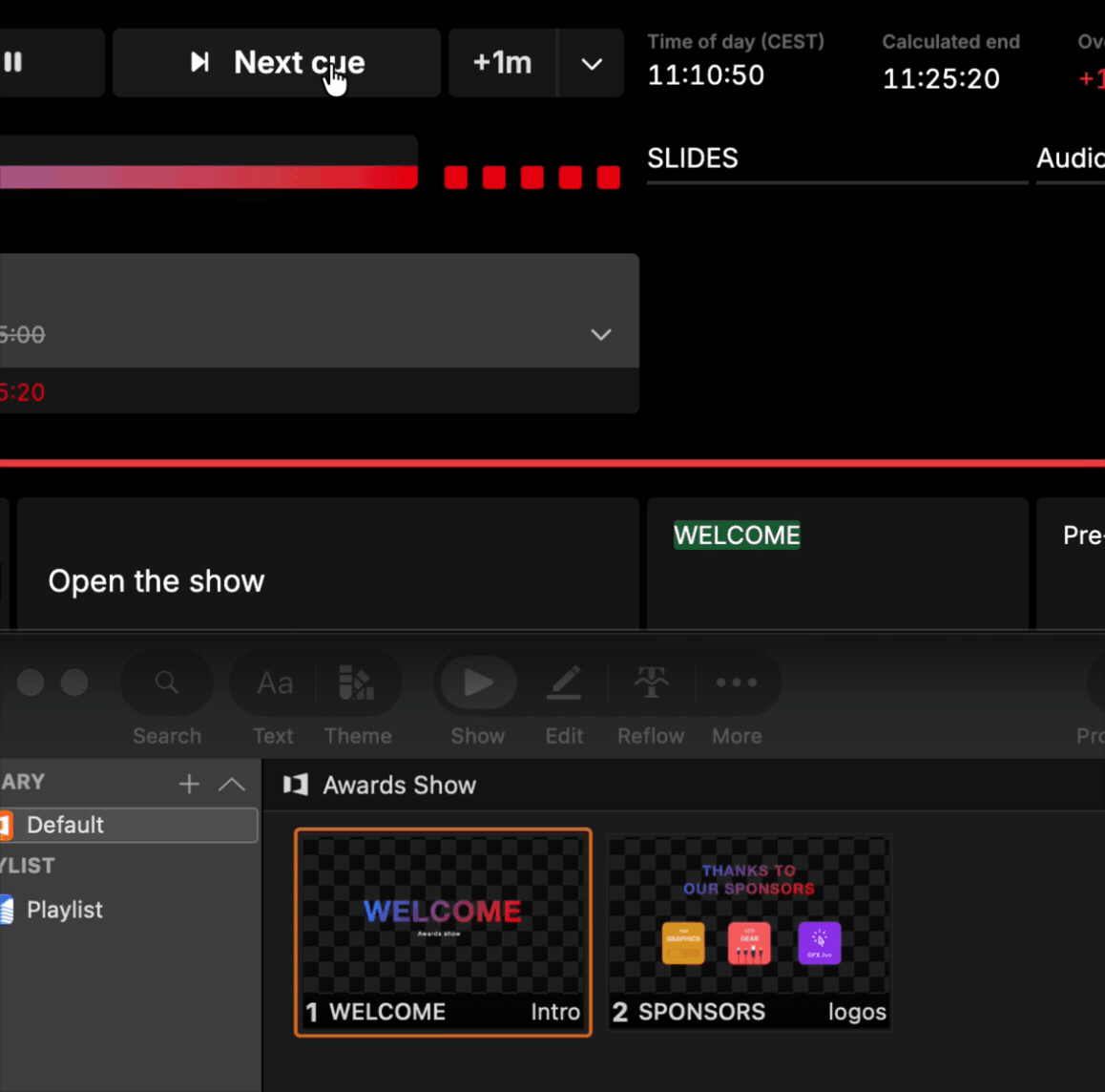 Pressing Next cue in Rundown Studio triggering the slide in ProPresenter