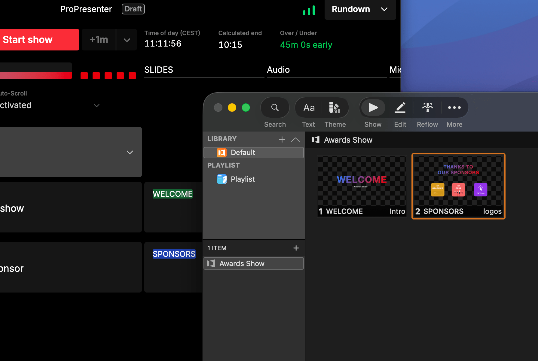 Rundown Studio and ProPresenter running side by side