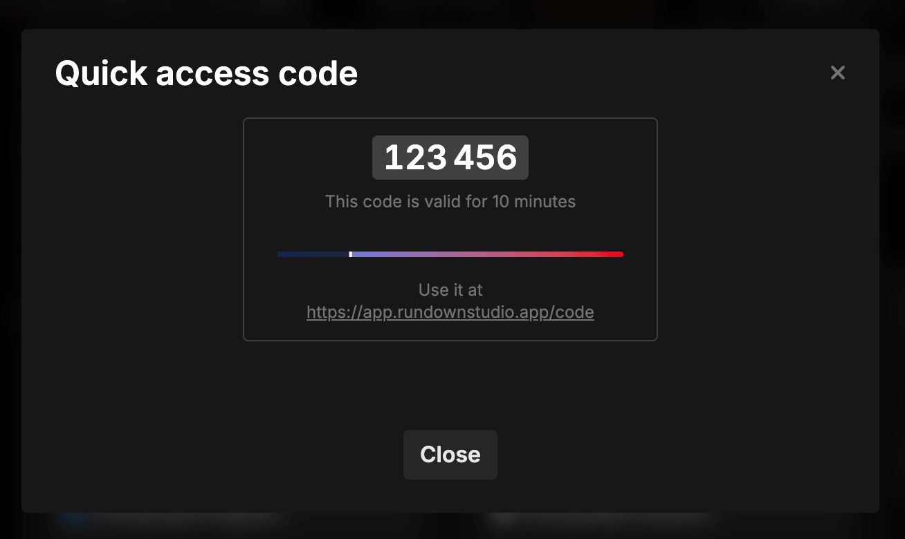 The Quick access code modal showing a six-digit code and a countdown bar