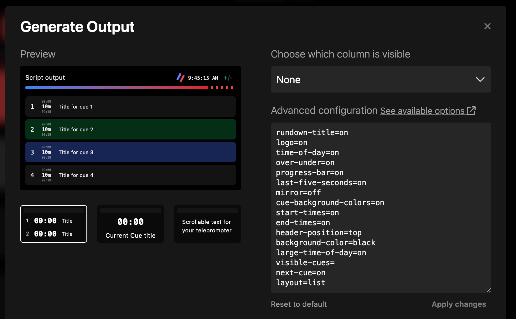 Output default settings