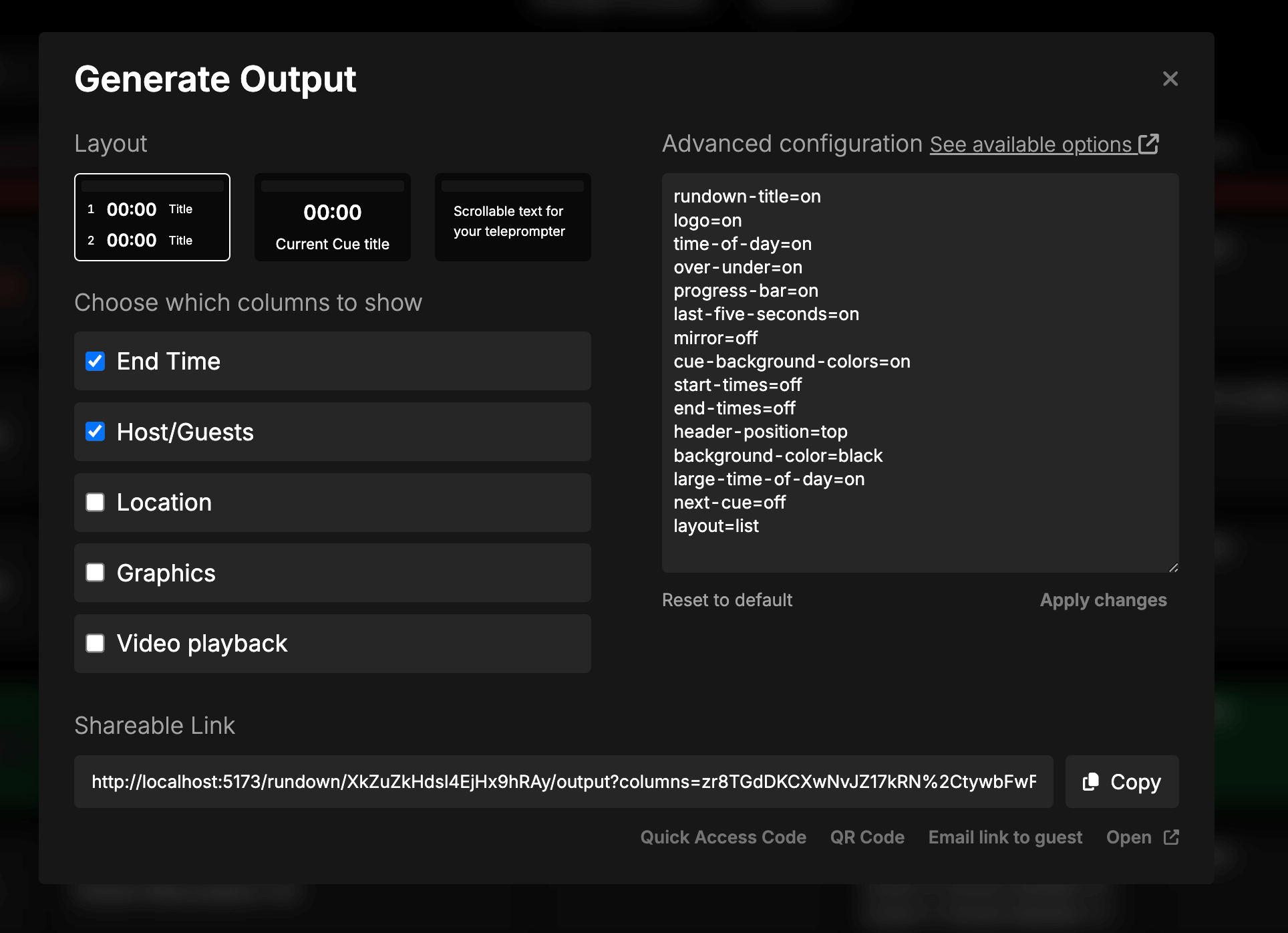 Output default settings