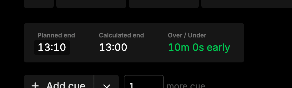 The end of show summary showing Planned end, Calculated end and Over / Under