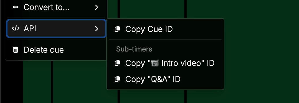 Copying a sub-timer ID from the cue settings menu