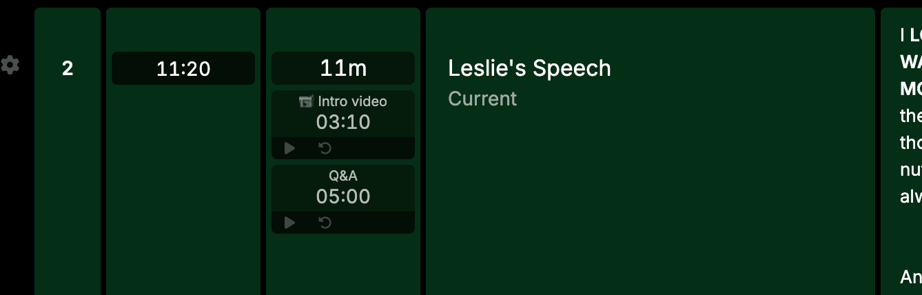 A cue with three sub-timers under its duration