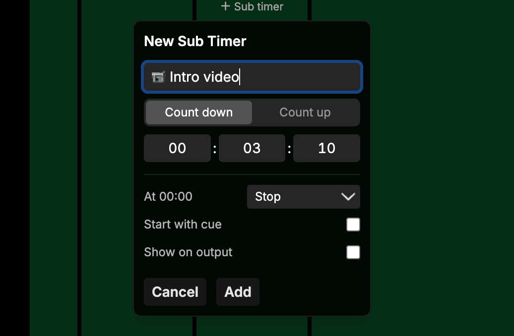 The New Sub Timer popover