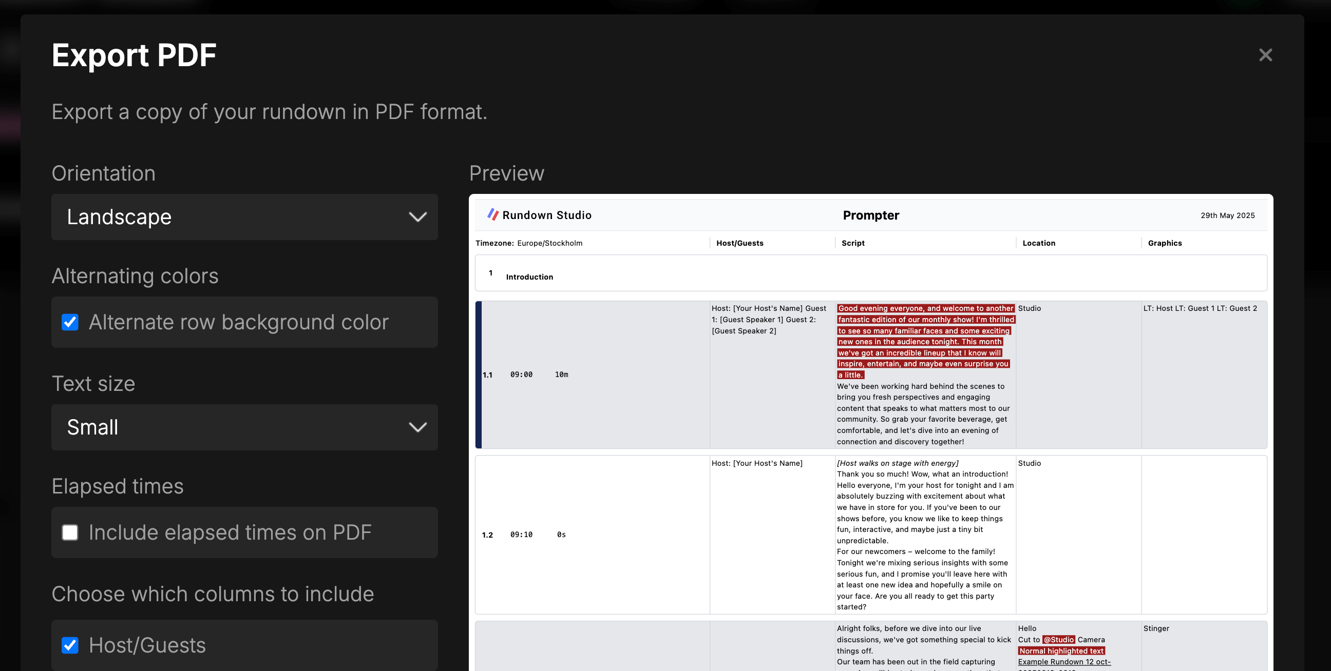 PDF and CSV export options
